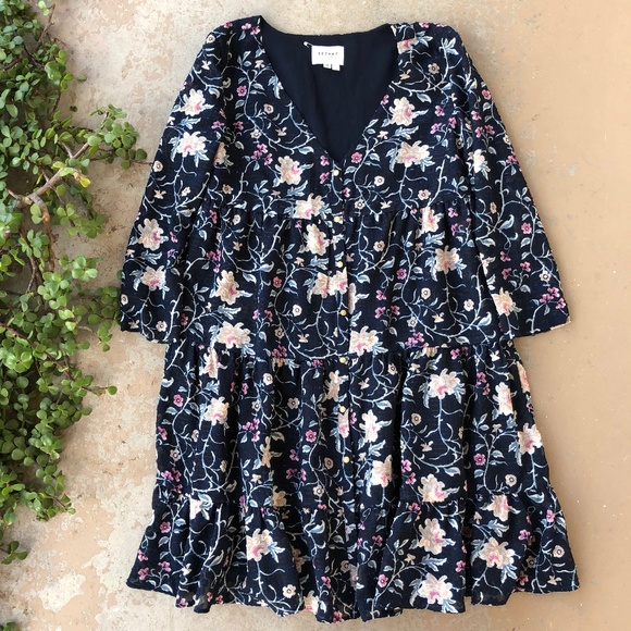 Sezane Dresses & Skirts - Sezane Aure Navy Floral 3/4 Sleeve Shift Dress
